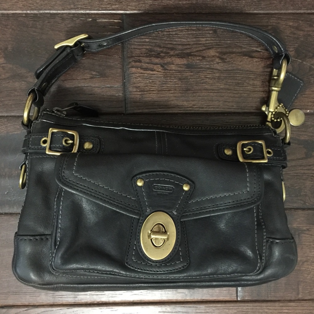 Coach Black Leather Shoulder Bag with Gold Hardware